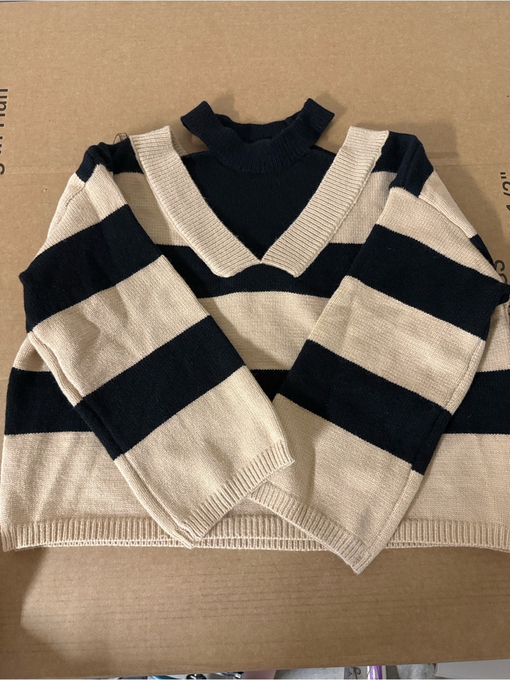 Striped V-Neck Chunky Sweater in Black and Cream